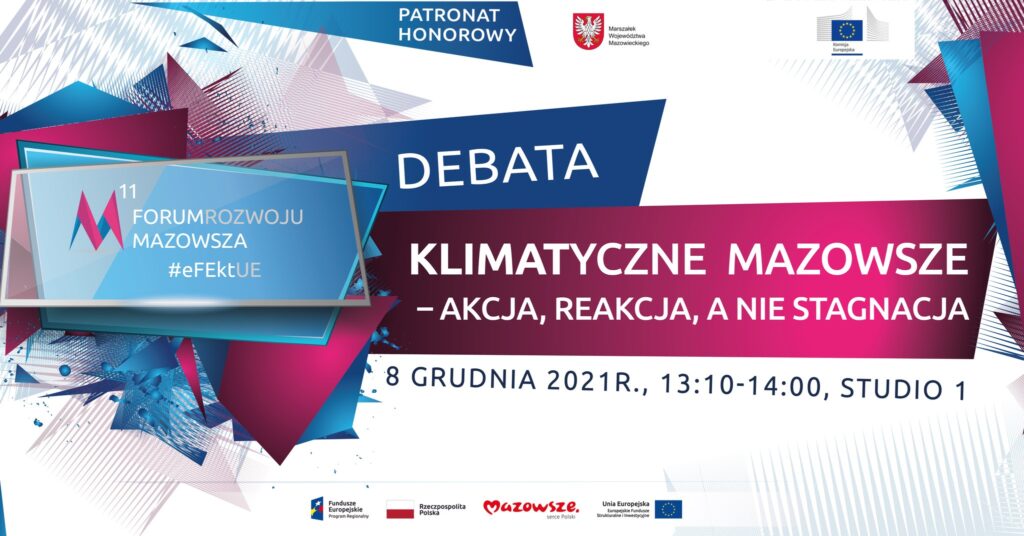 Grafika promująca debatę: „KLIMATyczne Mazowsze – Akcja, Reakcja, a nie Stagnacja”