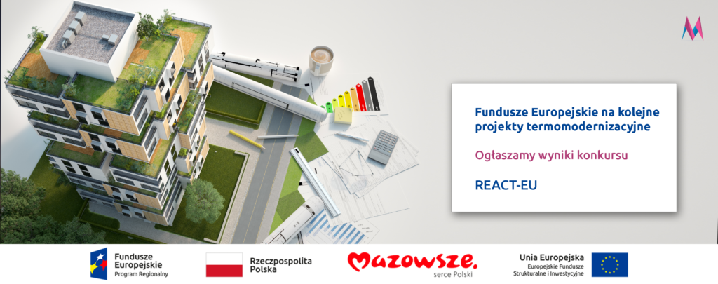 Wielopiętrowy budynek, a obok wykresy finansowe i hasło Fundusze Europejskie na kolejne projekty termomodernizacyjne