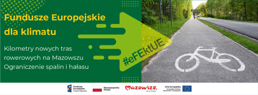 Grafika przedstawia napis Fundusze Europejskie dla klimatu. Obok jest zdjęcie przedstawiające ścieżkę rowerową na szarym tle i narysowanym rowerem.