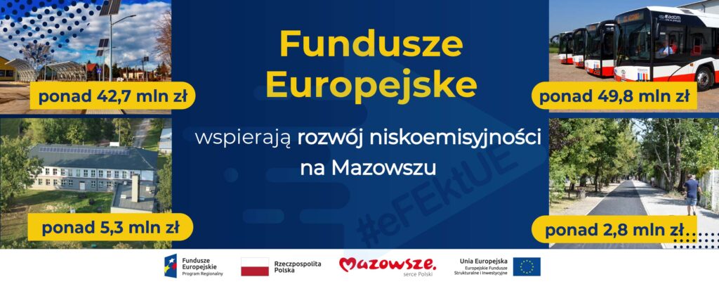 Fundusze Europejskie wspierają rozwój niskoemisyjności na Mazowszu; zdjęcia przykładowych projektów.