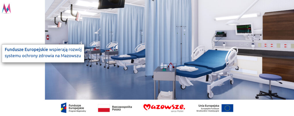Fundusze europejskie wspierają rozwój systemu ochrony zdrowia na Mazowszu. Grafika przedstawia wnętrze szpitala, specjalistyczne łóżka i aparaturę medyczną.
