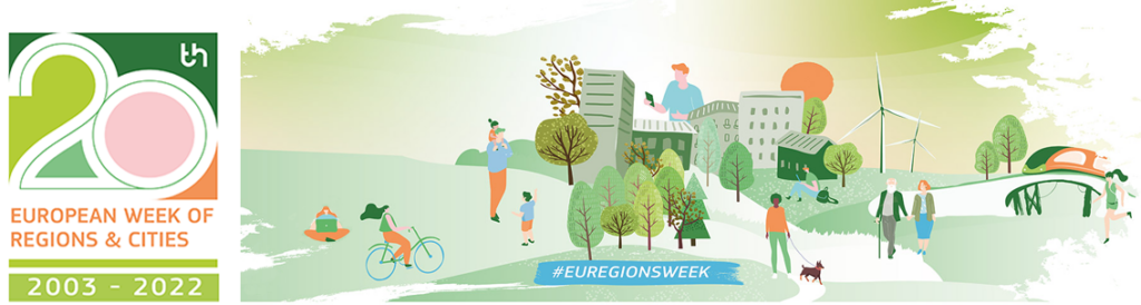 Nazwa 20th European Week of Regions & Cities (20. Europejski Tydzień Regionów i Miast), hasztag #EUREGIONSWEEK oraz mieszkańcy na tle drzew i budynków