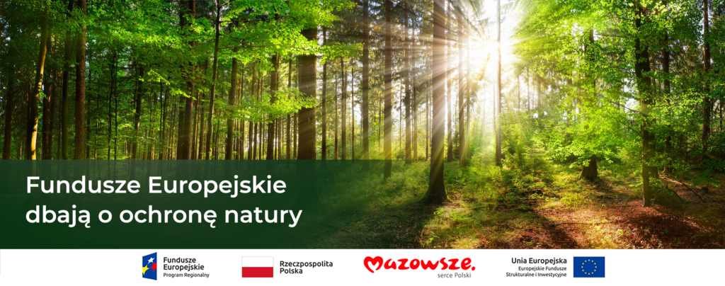 Grafika przedstawia napis Fundusze Europejskie dbają o ochronę natury. Zdjęcie przedstawia zielony las.