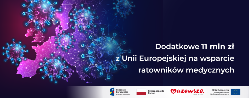 Hasło Dodatkowe 11 mln zł z Unii Europejskiej na wsparcie ratowników medycznych na granatowym tle z motywem wirusa