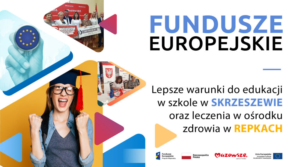 Grafika z hasłem: Fundusze Europejskie; Lepsze warunki do edukacji w szkole w Skrzeszewie oraz leczenia w ośrodku zdrowia w Repkach. W tle zdjęcia z podpisania umowy o dofinansowanie. 