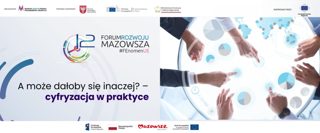 Hasło "A może dałoby się inaczej. Cyfryzacja w praktyce" a w tle dłonie osób korzystających z elektronicznego pulpitu