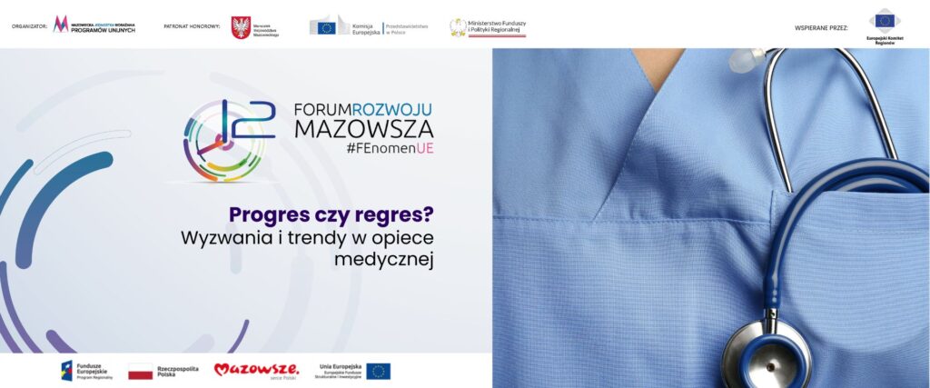 Progres czy regres? Wyzwania i trendy w opiece medycznej", a w tle strój lekarza oraz stetoskop do sprawdzania stanu zdrowia pacjentów