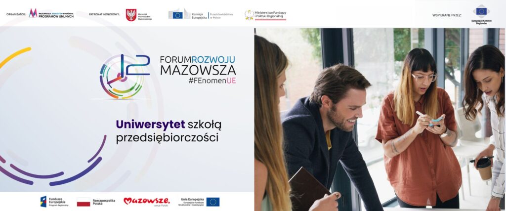 Hasło "Uniwersytet Szkołą Przedsiębiorczości", w tle grupa młodych osób. 