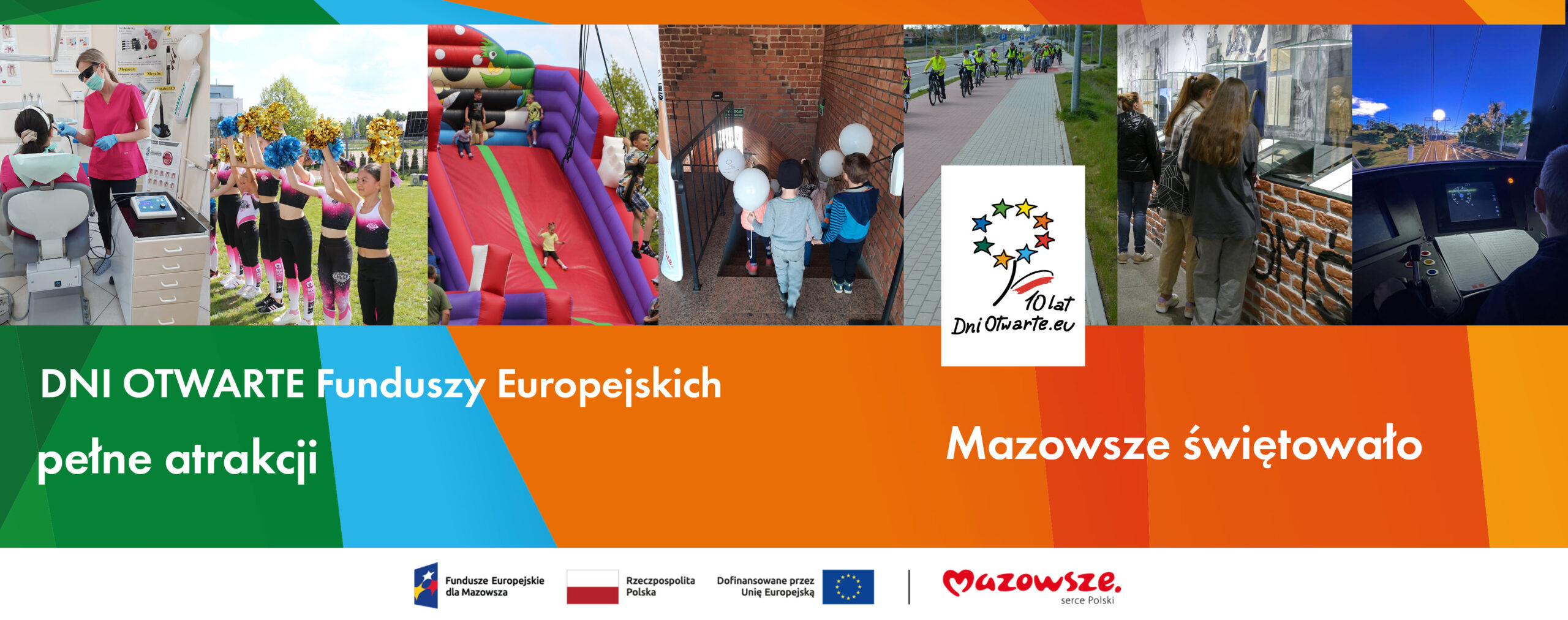 Grafika przedstawia napis DNI OTWARTE Funduszy Europejskich pełne atrakcji. Mazowsze świętowało. W tle widać zdjęcia z wydarzeń zorganizowanych na Mazowszu