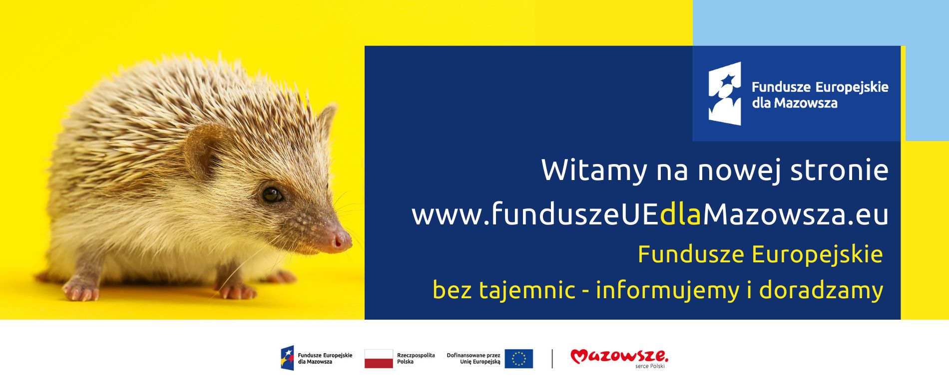 Grafika przedstawia napis Witamy na nowej stronie www.funduszeUEdlaMazowsza.eu. Fundusze Europejskie bez tajemnic - informujemy i doradzamy 
